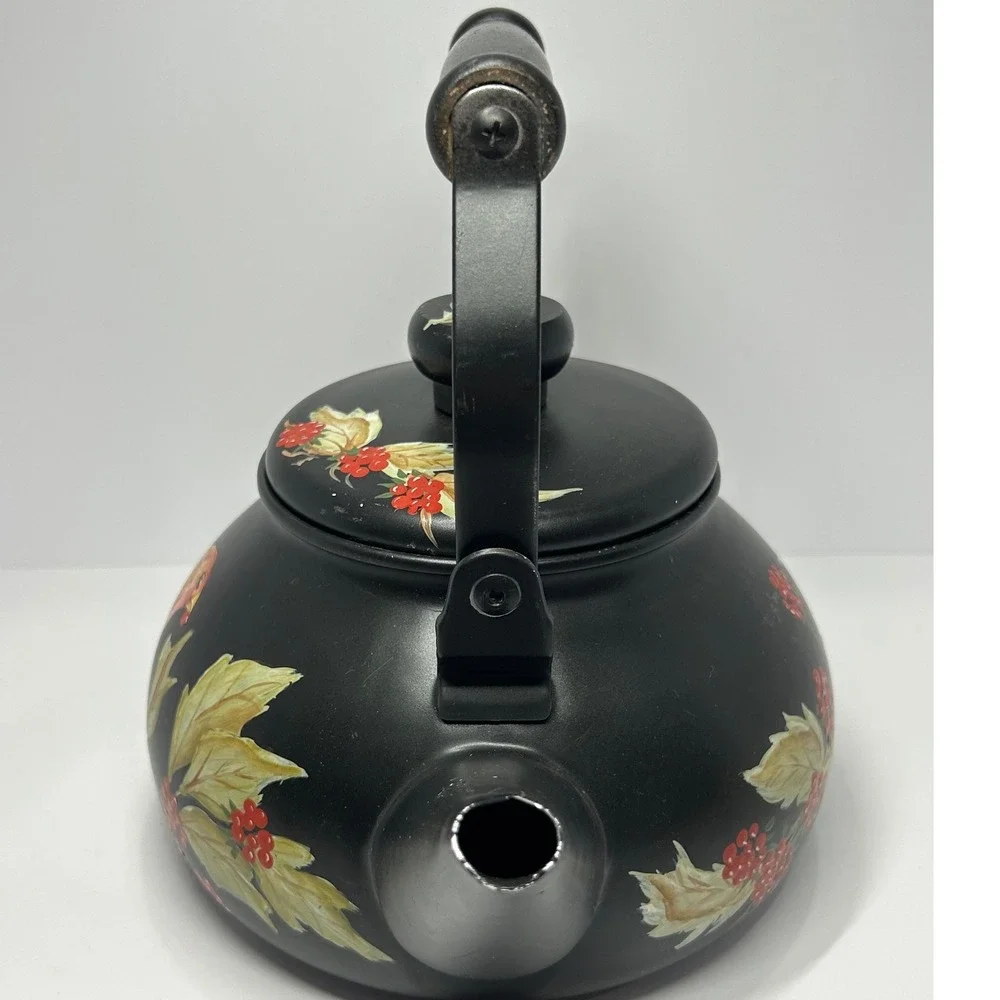 Hand Painted Matte‎ Black Tea Kettle Bird and Red Berries Decorative Farmhouse